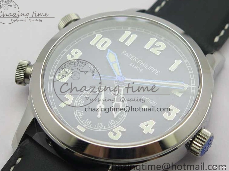 MIROTIME 0120 Practical Calatrava 5524 Pilot Travel Time SS GRF Blue Dial on Black Leather Strap A324 V 7107